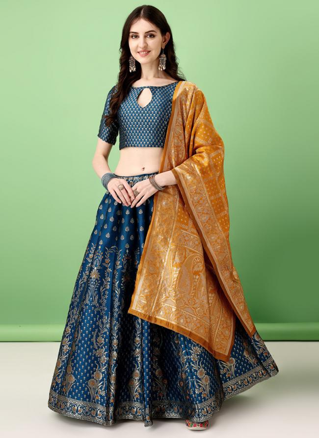 Jacquard Silk Morpeach Party Wear Jacquard Work Readymade Lehenga Choli